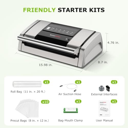 Bonsenkitchen Vacuum Sealer for Food, Easy-Lock Handle with Digital Timer | Built-in Cutter & Bag Storage for Sous Vide, Vacuum Sealer Machine Suitable for Dry & Moist Food Types, 1 Roll & 10 Bags view 3