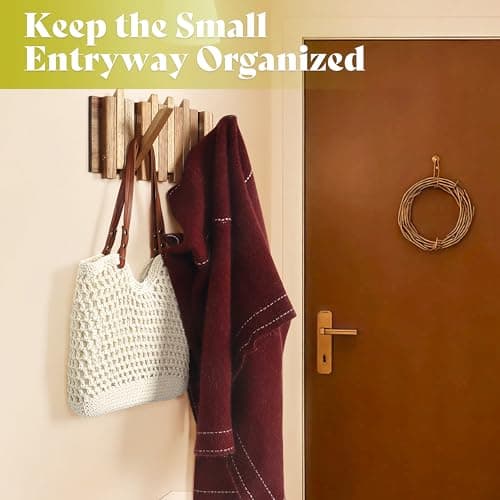 LOTOFUN Wall Coat Rack for Entryway: Farmhouse Wooden Folding 6 Hooks Mount 10.4inch Rustic Decorative Minimalist Piano Hanger for Apartment Office Small Space for Towel Backpack Jacket view 7