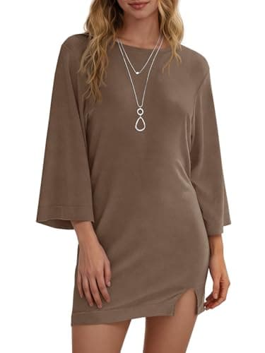 Wenrine Womens Summer T Shirt Dress Casual 3/4 Sleeve Crewneck Slit Loose Shift Mini Dresses — image 1