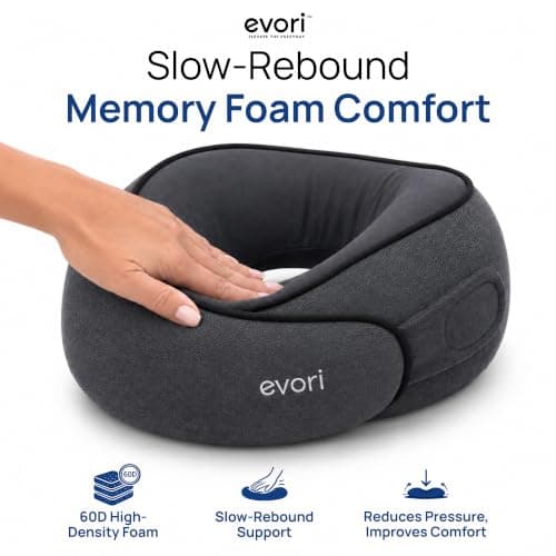 evori Memory Foam Travel Neck Pillow, 360° Support for Airplane & Car | Memory foam travel neck pillow with 360° head and chin support, adjustable closure, washable cover and travel bag. view 6