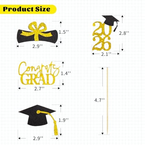 Oeyliz Graduation Cupcake Toppers 2026 Graduation Theme Cupcake Toppers Glitter 2026 Grad Cap Congrats Grad Diploma Cupcakes Toppers 24 PCS For 2026 Graduation Cake Decorations Supplies Gold view 2