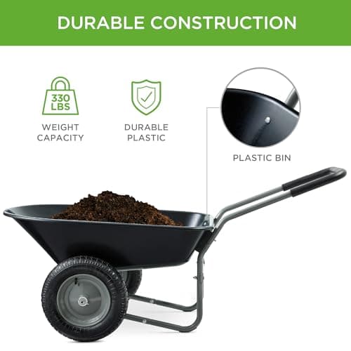 Best Choice Products Dual-Wheel Home Utility Yard Wheelbarrow Garden Cart w/Built-in Stand for Lawn, Gardening, Construction - Black view 4