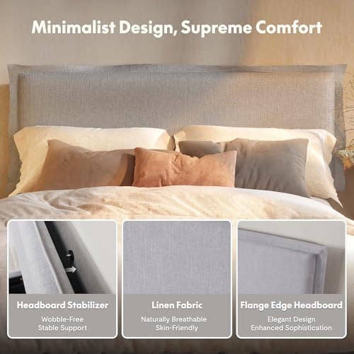 FLEXISPOT Queen Flange Edge Upholstered Platform Bed Frame & Adjustable Headboard–900 lbs,USB&Type-C Charging Ports,SGS Certified–Soft Padded Frame for Any Bedroom Style, Light Grey. view 4