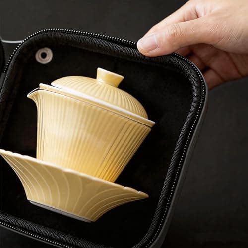 SonGis Porcelain Gongfu Tea Set, Firework Design, All in One Chinese Tea Set, Frosted Texture, Smooth Glazed Interior, Gaiwan Tea Sets for Adults, Gift Boxed, for Home & Outdoor (Gentle Yellow) view 6