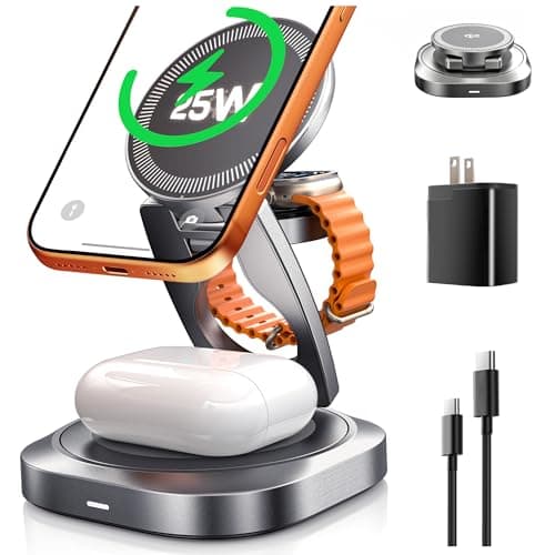 Qi2.2 25W 3-in-1 Wireless Charger for iPhone 17/16 Series, Foldable Wireless Charging Station Compatible with MagSafe, 360° Swivel Zinc Alloy Base for Apple Watch & AirPods (45W Adapter Included)