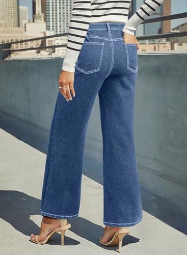 Dokotoo Women‘s High Waisted Wide Leg Jeans Strechy Raw Hem Denim Pants view 2