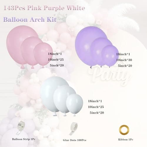 Pink Purple White Balloon Garland Arch Kit 143Pcs Lavender Light Pastel Purple Pink White Latex Balloons for Butterfly Bridal Shower Birthday Wedding Party Decorations view 2