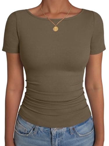 GKBK Boat Neck Tops for Women Ribbed Short Sleeve T-Shirts Slim Fitted Tight Compression Top Soft Y2K Basic Casual Going Out Tops for Spring Summer 2026 Trendy Fashion Outfits Brown