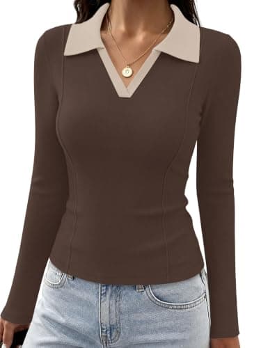 WIHOLL Womens Long Sleeve Shirts Collared Neck Business Casual Fitted Tops view 3