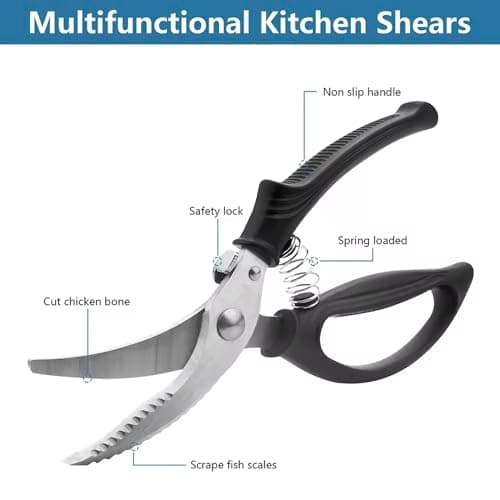 Heavy Duty Kitchen Chicken Scissors,Stainless Steel Multipurpose Kitchen Spring Loaded Meat Shears Poultry Shears with Anti-Slip Handle,Easier Cutting Fish Meat Bone Chicken (BLACK) view 3