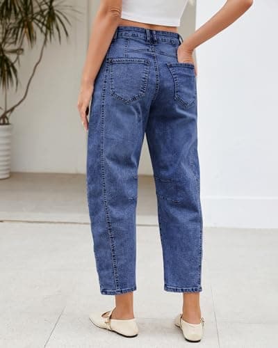 LookbookStore Barrel Jeans for Women High Waisted Cropped Wide Leg Trendy Baggy Distressed Stretchy Denim Jean Pants view 3