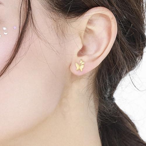 XIUQILAI 14K Gold Plated Stud Earrings for Women, with 925 Sterling Silver Posts, Heart/Butterfly/Snake Small Earring Lightweight Clip On Stud, Cartilage Helix Piercing view 2