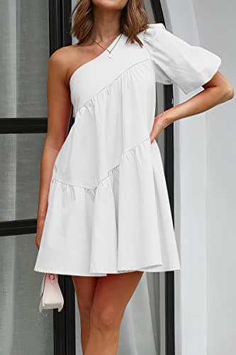 KIRUNDO Summer One Shoulder Mini Baby Doll Dresses Women 2026 Casual Puff Sleeve Loose Tiered A Line Flowy Short Dress view 3