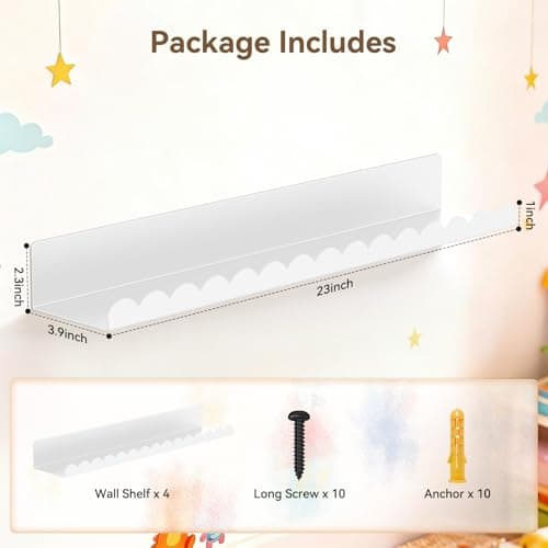 Gattlukd Floating Shelves for Wall, 23 Inch Metal Nursery Book Shelves 4 Pack, Wall Mounted Book Shelf for Kids Room, Bedroom, Bathroom, Playroom Decor （White） view 2
