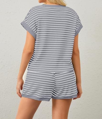 Burtell Women Summer 2 Piece Lounge Sets Striped Short Sleeve Tee Shirts Mini Shorts Loungewear Shorts Set Ribbed Pajama Set view 3