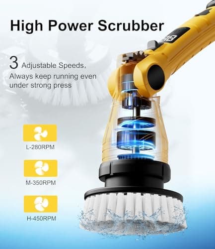 Electric Spin Scrubber with 8 Replaceable Brush Heads 6 Adjustable Angle Waterproof LED Display Cordless Cleaning Brush Supplies Bathroom Cleaner Set Long Handle Power Scrubber for Shower Floor Tub view 2