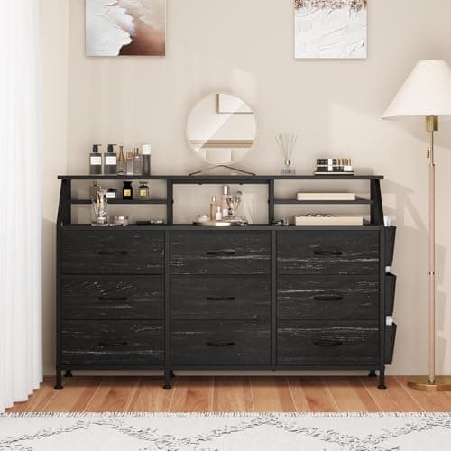 Miereirl 55''W Dresser for Bedroom, 9 Fabric Drawers & 2 Open Shelves for Closet, Bedroom Dresser with Side Pocket, Wide Chest of Drawers, for Bedroom, Living Room,Hallway (Black) view 2