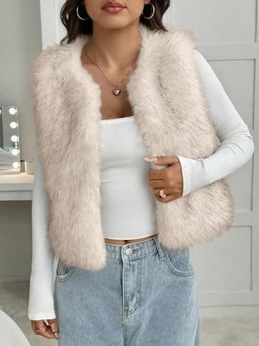 BTFBM Faux Fur Vest Women Fall Fashion 2026 Winter Clothing | Sleeveless Fuzzy Jackets, Buttonless Placket Fluffy Coat, Lightweight Furry Outerwear, Vests Top With Pocket, Holiday Outfits view 4