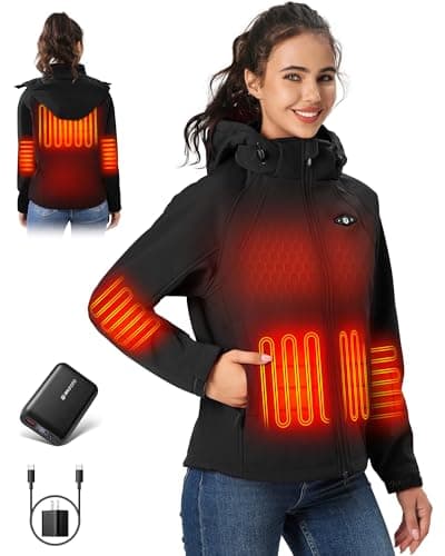 WASOTO Heated Jackets for Women 18400 mAh Battery Pack Water-Resistant Slim Fit with Detachable Hood Softshell Jackets(Black,M)
