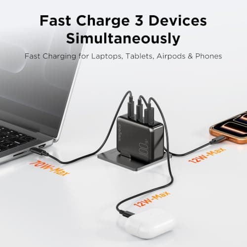 100W GaN USB C Charger Block, 3-Port Slim Foldable Wall Charger view 4