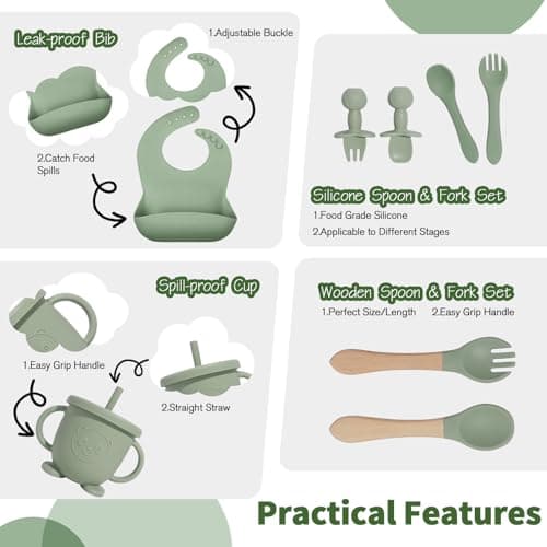 Baby Led Weaning Supplies, 17 Piece BPA-Free Silicone Feeding Set, Eating Essentials Baby Utensils with Suction Plate and Bowl, Pocket Bib, Sippy Cup with Lid, for 6+ Months, Green view 5