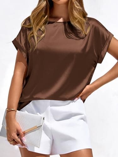 BTFBM Summer Tops for Women 2026 Dressy Satin Blouses Loose Crew Neck Short Sleeve Shirts Work Business Casual Outfits view 5