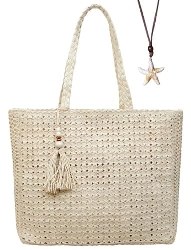 Gleease Straw Tote Bag for Women Woven Beach Bag Raffia Tote with Zipper for Summer Vacation Travel Pool Large Purses — image 1