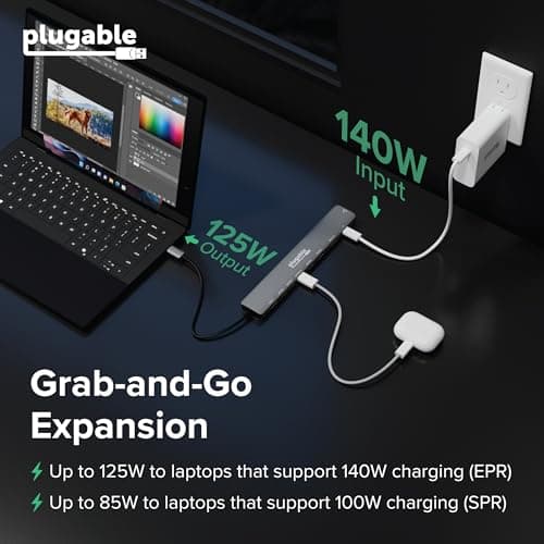 Plugable USB C Hub: 10-in-1 Multiport Adapter (8K/4K 144Hz HDMI 2.1, 2.5G Ethernet, 140W Charging, 10Gbps Data) Driverless IT Deployment for MacBook Pro/Air Windows Thunderbolt Chromebook, USBC-10IN1E view 4
