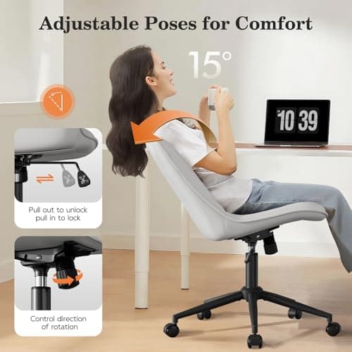 Bananister Armless Office Chair, Desk Chair No Arms, Adjustable Swivel Rolling Task Chair with Wheels, Faux Leather Upholstered, Compact for Small Space Home Office & Bedroom Vanity, White view 4