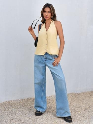 Tankaneo Womens Halter Denim Vest Tops Summer Sleeveless Open Back Y2K Going Out Jean Tank Tops V Neck Button Up Waistcoat view 6