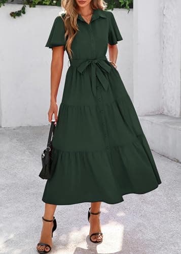 KIRUNDO Summer Button Down Wedding Guest Shirt Dresses for Women Maxi Flutter Short Sleeve Flowy Tiered Beach Sun Dress view 6