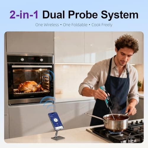 2 in 1 Wireless Meat Thermometer with 1 Wired Probe, RGB Cooking Progress Light, LCD Base, Smart APP Control, IPX8 Waterproof, Digital Food Thermometer for Grill, Smoker, Oven, Sous-Vide & Rotisserie view 2