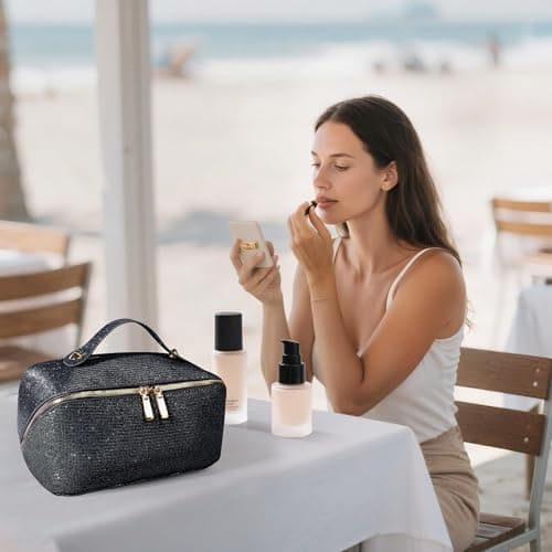 JeeVoya Makeup Bag for Women Large Capacity, Waterproof Travel Cosmetic Bag PU Leather Makeup Organizer with Dividers, Portable Toiletry Bag with Handle (Black) view 7