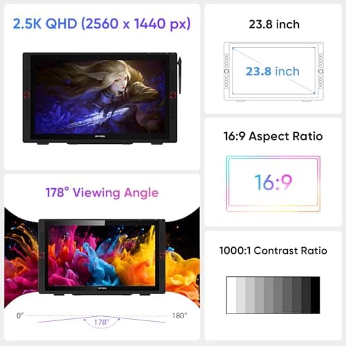 XPPen Artist 24 Pro 2.5K QHD Drawing Tablet with Screen,16.7M Colors Graphics Tablet with 8192 Pen Pressure Battery-Free Tilt Stylus & 20 Shortcut Keys for Windows, Mac, Chrome, Linux, 23.8" view 2