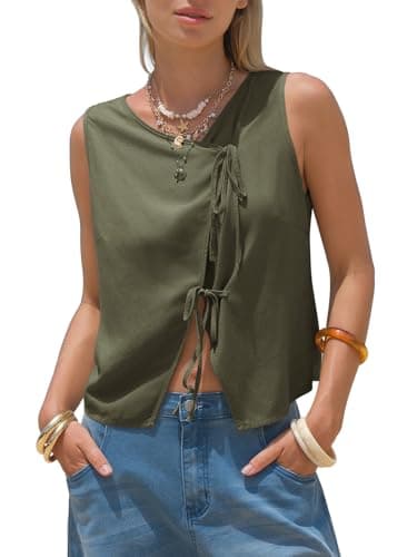 EXLURA Womens Linen Tank Tops Summer Trendy V Neck Vest Casual Tie Front Shirt Cute Spring Beach Vacation Outfits 2026 — image 1