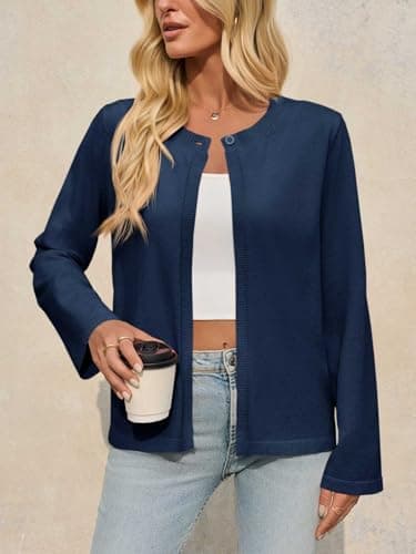 Saodimallsu Womens Lightweight Cardigans Open Front Long Sleeve One Button Casual Crewneck Loose Knit Shrug Sweater view 3