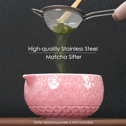 7Pcs Matcha Whisk Set, Matcha Set Whisk and Bowl,Bamboo Scoop, Scoop Rest, Sifter and Tea Towel, Matcha Kit W/Carved Cherry Blossm Pattern for Matcha Lovers (Sakura Pink) view 4