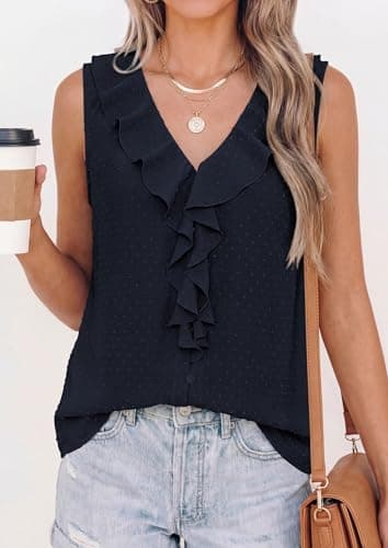 PRETTYGARDEN Tank Tops for Women 2026 Summer Fashion Sleeveless Ruffle Button Swiss Dot Dressy Casual Blouses Work Shirts view 2