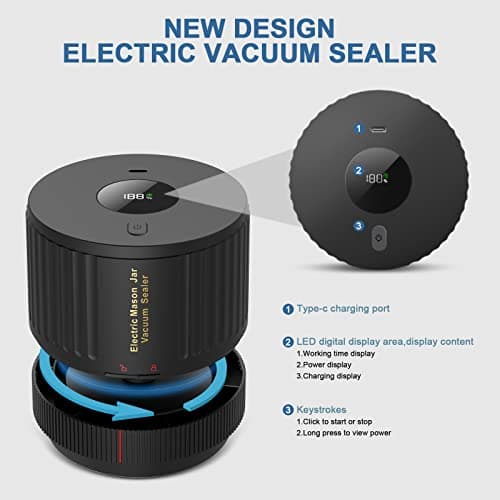 Electric Mason Cordless Vacuum Sealer Kit for Wide-Mouth & Regular-Mouth Mason Jars, for Food Storage and Fermentation, Black view 6