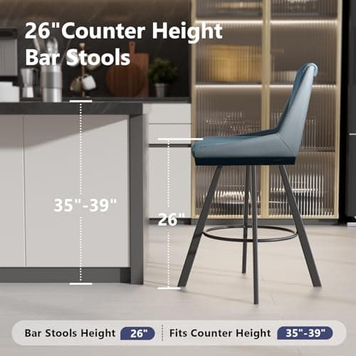 Ollega Bar Stools Set of 4, 26" Counter Height Bar Stools, Upholstered Swivel Barstools with Backs, Loop Yarn Fabric&Pu Leather, Metal Legs for Kitchen Island, Blue view 6