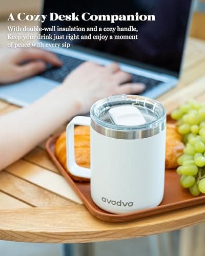 avodvo 12oz Insulated Coffee Mug with Lid – Includes Two Lids, Stainless Steel Coffee Travel Mug with Handle, Double Wall Vacuum Insulated Camping Mug for Home, Office & Outdoor, White view 5