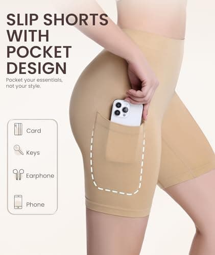 Okimay 3 Pack Slip Shorts for Under Dress with Pocket Smooth Anti Chafing Shorts Women Bike Shorts view 2