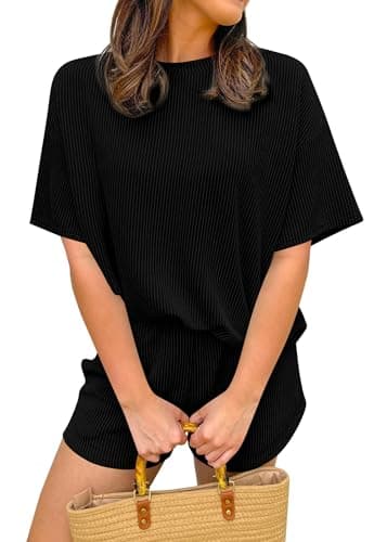 KIRUNDO Two Piece Sets for Women Dressy Casual Ribbed Knit Short Sleeve Top Matching Shorts Lounge Set 2026 Summer Outfits — image 1