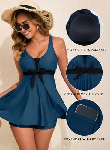 Aleumdr Women Printed Two Piece Tankini Swimsuits Tummy Control Swim Dress High Waisted Boyshort with Pockets view 4