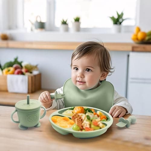 Baby Led Weaning Supplies, 17 Piece BPA-Free Silicone Feeding Set, Eating Essentials Baby Utensils with Suction Plate and Bowl, Pocket Bib, Sippy Cup with Lid, for 6+ Months, Green view 2
