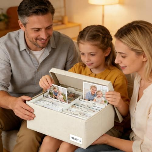 Himake Decorative Photo Storage Box - Linen Photo Box Organizers with Dividers, Fits Holds Up to 800 Photos in 8x10 inch Size, Portable Scrapbook Storage Containers with Lid (Beige) view 2