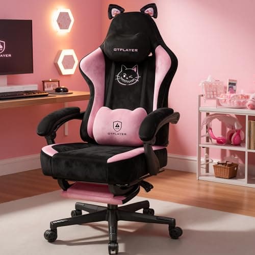 GTPOFFICE Cute Gaming Chair with Cat Ears,Ergonomic Computer Chair with Footrest Cat Paw Lumbar Support Comfortable Reclining Game Chair Desk Chair for Adult Teens, Soft Fabric, Pink Black view 2