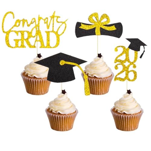 Oeyliz Graduation Cupcake Toppers 2026 Graduation Theme Cupcake Toppers Glitter 2026 Grad Cap Congrats Grad Diploma Cupcakes Toppers 24 PCS For 2026 Graduation Cake Decorations Supplies Gold — image 1