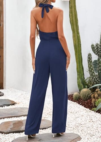 Lazysmile Summer Jumpsuits for Women Sleeveless Halter Backless Pants Romper Dressy Wide Legs One Piece Outfits view 2