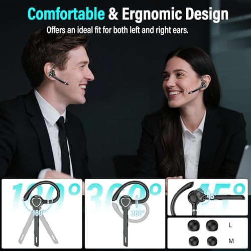 Bluetooth Headset, Single-Ear ENC Mic, Mute Button, 90H Hands-Free Earpiece | APTX HD Audio, Dual Device Connectivity, Lightweight All-Day Comfort, Noise Cancelling Mic, Ideal for Truckers & Office view 6